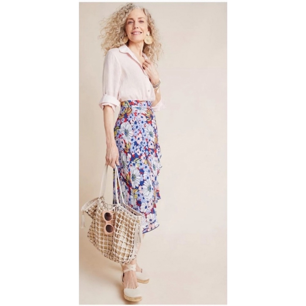 Maeve Anthro Sybil Wrap Skirt 2X Plus Blue Floral Ruffle High Low Midi Skirt